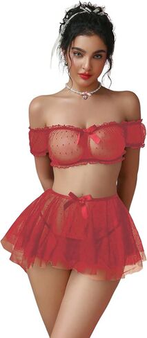 OYOANGLE Women's 3 Piece Mesh Sheer Off Shoulder Bra and Panty with Ruffle Mini Skirt Set Boudoir Outfits in Saudi Arabia