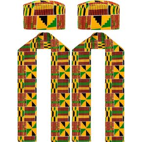 2 PCS القبعات الأفريقية Kente سرقت مجموعة أفريقية Kente Cloth Kufi Hats للرجال Sash Kwanzaa تخرج سرق in Kuwait
