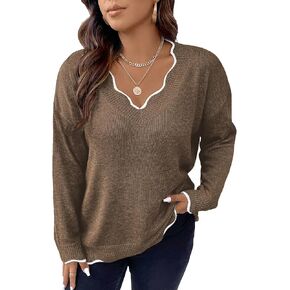 MakeMeChic Women's Plus Size Contrast Binding Sweater V Neck Scallop Trim Long Sleeve Knitted Tops in Kuwait