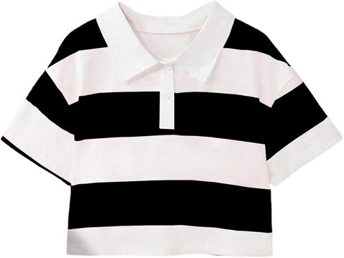 SweatyRocks Girl's Striped Collar T Shirt Short Sleeve Half Button Summer Tee Tops in Saudi Arabia