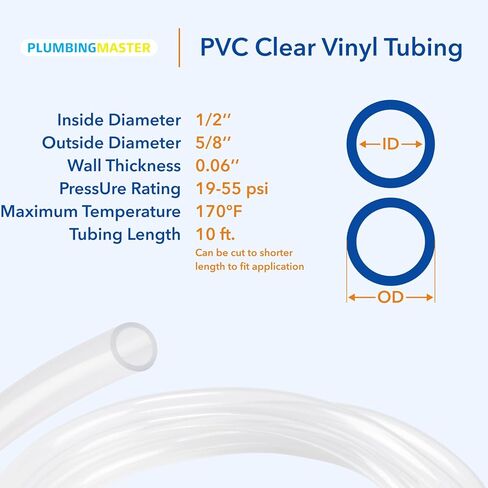 PLUMBINGMASTER 10ft 1/2''ID×5/8''OD أنابيب الفينيل الشفافة أنابيب PVC المرنة والهجينة، خرطوم ناعم خفيف الوزن، أنابيب صالحة للشرب in Kuwait