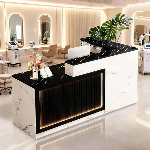 مكتب استقبال مع طاولة استقبال أمامية على شكل حرف L مع مصابيح LED تخزين مكتب الاستقبال المكتبي Salon Salon Shop البيع بالتجزئة العداد الأسود والأبيض اليسار 200 سم/79 بوصة in Kuwait