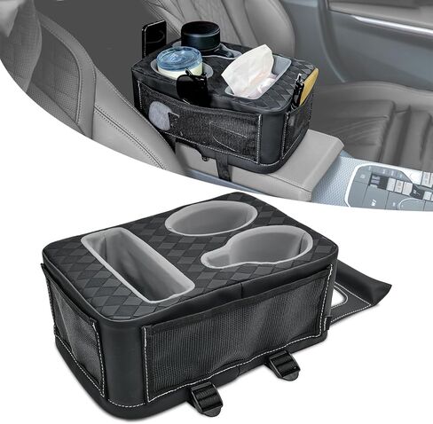 Back Seat Cup Holder for Car, Truck Bed Organizer Boat Couch Car Cup Holder Tray Expander Automotive Rear Seat Storage Accessories Non-Slip Spill-Resistant Pu Leather Fit for Coffee Drink Food in Kuwait
