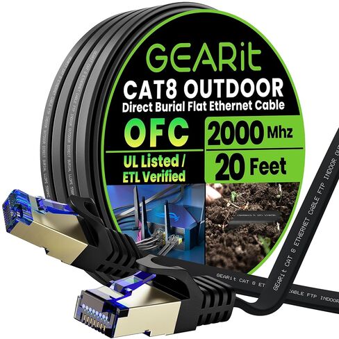 GearIT Cat 8 Outdoor Flat Ethernet Cable (20ft, Black) Direct Burial Rated LLDPE Jacket - Indoor Cat8 Shielded FTP 2000Mhz 40Gbps High Speed Gaming Computer Network RJ45 Snagless Patch Cord Internet in Saudi Arabia