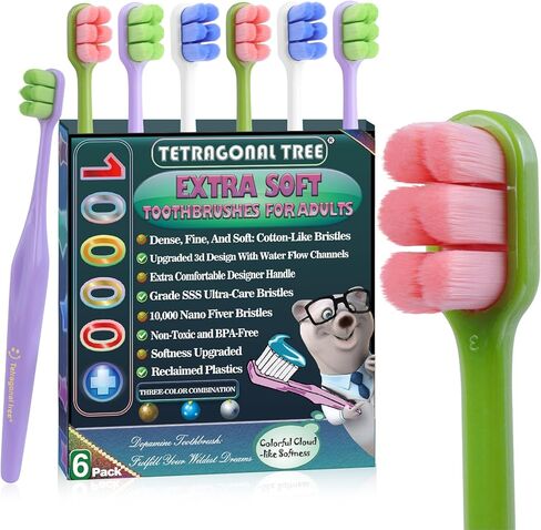 6 عد فرشاة أسنان فائقة العد لللثة الحساسة-10000 شعيرات لطيفة ، فرشاة أسنان يدوية للبالغين ، الحمل ، الأقواس ، كبار السن ، رعاية اللثة (ألوان الدوبامين ، ملفوفة بشكل فردي) in Kuwait