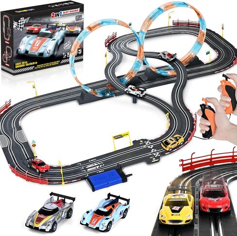 Boy Toys Gifts for 6 7 8-12 Years Old, Slot Car Race Track Sets with 4 Slot Cars, Battery or Electric Car Track for Boys, Dual Racing Game Lap Counter Circular Overpass Track Gifts for Kids in Saudi Arabia