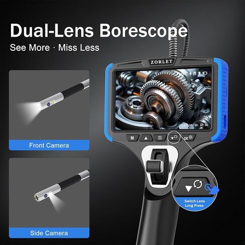 ZORLET Dual Lens Two-Way Articulating Borescope Camera with Light, 5" Inspection Camera Endoscope, 0.25in Slim Probe, Waterproof 5.0FT Snake Camera for Automotive, Mechanics & Engine Inspection in Kuwait