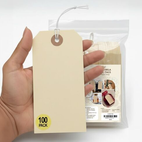 100-Pack Durable Manila Shipping Tags | Elastic String Attached | Versatile Blank Labeling Tags for Shipping, Gifts, Pricing, and Bags in Kuwait