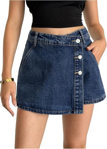 WDIRARA Women's Petite Button Front Wrap Asymmetrical Denim Skorts High Waisted Skirt Shorts in Saudi Arabia