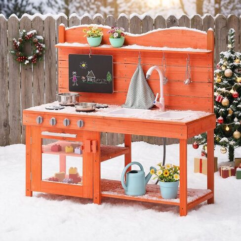 VEVOR Mud Kitchen for Kids, Wooden Pretend Play Kitchen Set for Boys & Girls, Pretend Play Kitchen with Realistic Stoves, 2 Removable Sink, Upgraded Faucet, Blackboard, Cookware Pots in Kuwait