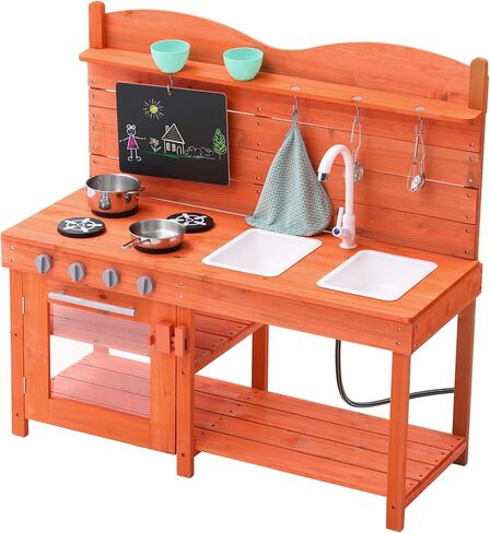 VEVOR Mud Kitchen for Kids, Wooden Pretend Play Kitchen Set for Boys & Girls, Pretend Play Kitchen with Realistic Stoves, 2 Removable Sink, Upgraded Faucet, Blackboard, Cookware Pots in Kuwait