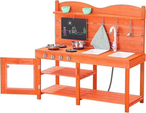 VEVOR Mud Kitchen for Kids, Wooden Pretend Play Kitchen Set for Boys & Girls, Pretend Play Kitchen with Realistic Stoves, 2 Removable Sink, Upgraded Faucet, Blackboard, Cookware Pots in Kuwait