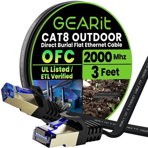 GearIT Cat 8 Outdoor Flat Ethernet Cable (3ft, Black) Direct Burial Rated LLDPE Jacket - Indoor Cat8 Shielded FTP 2000Mhz 40Gbps High Speed Gaming Computer Network RJ45 Snagless Patch Cord Internet in Saudi Arabia