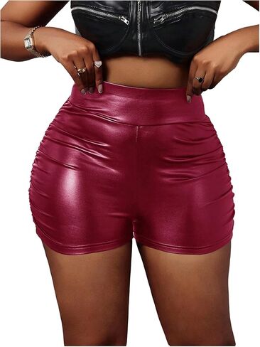 Verdusa Women's PU Leather Shorts Ruched High Waisted Party Night Out Fitted Mini Shorts in Kuwait