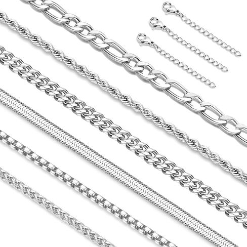 قلادة سلسلة فضي لولياس للرجال - 6pcs الصلب غير القابل للصدأ رابط/حبل/مربع/فيجارو/هرنجبون/سلسلة قلادة مكدسة من سلسلة القمح 16/18/20/22/24 بوصة in Saudi Arabia