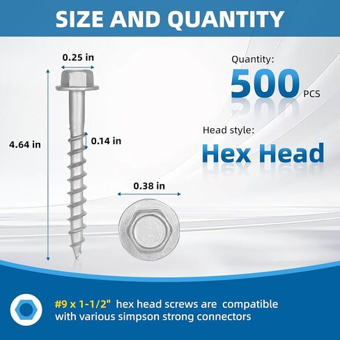 500 PCS #9 x 1-1/2" Joist Hanger Screws, 1/4" Hex Head with 0.370"-Dia Heavy-Duty Connector Screw Replace SD9112R500 and 10D Nails, Dacromet Coating & 1500 Hours Salt Spray Test in Saudi Arabia