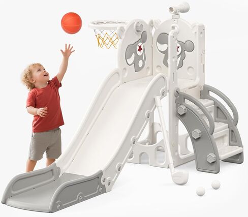 Mloong 7 in 1 Slide Toddler ، ينزلق الأطفال للأطفال الصغار من 1 إلى 3 سنوات ، داخليًا وخارجيًا مع لعبة Golf Golf Wolf For Kids Easy Assembly Design (Beige & Rosy Brown) (28 × 62 × 39in) in Kuwait
