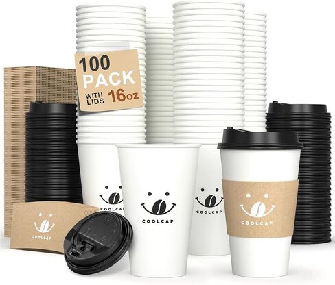 فناجين قهوة Coolcap مع أغطية وأكمام، 16 أونصة 100 عبوة من فناجين القهوة مع أغطية، أكواب ورقية للقهوة الساخنة للاستعمال مرة واحدة للمشروبات الساخنة (16 أونصة، أبيض) | مع أغطية وأكمام، فناجين قهوة للذهاب، مع أغطية، بكميات كبيرة، للمشروبات الساخنة in Kuwait