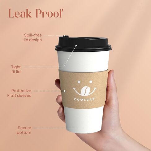 فناجين قهوة Coolcap مع أغطية وأكمام، 16 أونصة 100 عبوة من فناجين القهوة مع أغطية، أكواب ورقية للقهوة الساخنة للاستعمال مرة واحدة للمشروبات الساخنة (16 أونصة، أبيض) | مع أغطية وأكمام، فناجين قهوة للذهاب، مع أغطية، بكميات كبيرة، للمشروبات الساخنة in Kuwait