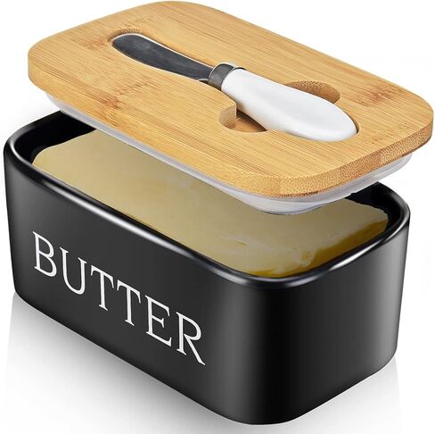 Butter Dish with Lid: Large Butter Dish for Countertop - Ceramic Butter Keeper Container with Knife and High-Quality - Silicone Sealing Butter Box for Home Decor Good Kitchen Gift Black in Saudi Arabia