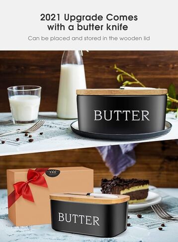 Butter Dish with Lid: Large Butter Dish for Countertop - Ceramic Butter Keeper Container with Knife and High-Quality - Silicone Sealing Butter Box for Home Decor Good Kitchen Gift Black in Saudi Arabia