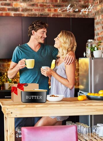 Butter Dish with Lid: Large Butter Dish for Countertop - Ceramic Butter Keeper Container with Knife and High-Quality - Silicone Sealing Butter Box for Home Decor Good Kitchen Gift Black in Saudi Arabia