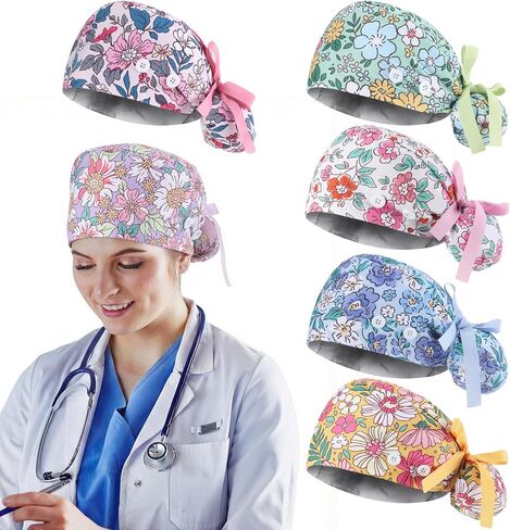 Croknit 6 Pcs Scrub Caps Satin Lined Scrub Caps Women Nurse Surgical Hat with Sweatband Buttons Adjustable Pouch Tie Back in Kuwait
