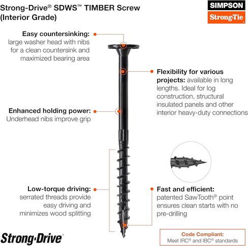 Simpson Strong-Tie SDWS221200 Strong-Drive SDWS Timber Screws (Interior Grade), 0.220 Inch x 12 Inch, E-Coating, Low Profile Head, Sawtooth Point, Black (Pack of 250) in Saudi Arabia