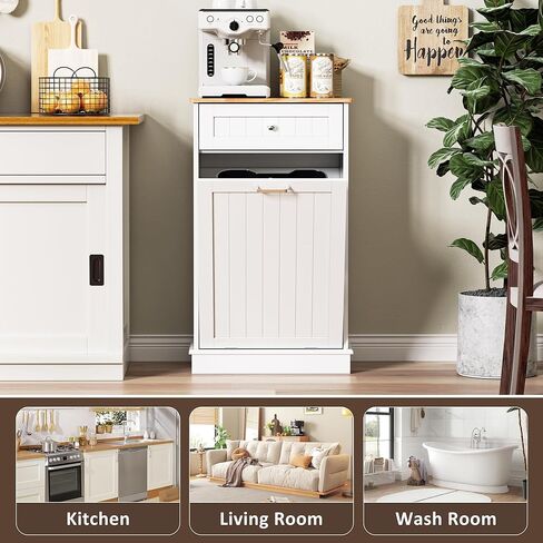 Spurgehom 13 Gallons Tilt Out Trash Can Cabinet Hidden Kitchen Trash Can Freestanding Garbage Recycling Cabinet with Hideaway Drawer Pet Proof Trash Can Holder for Kitchen Living Room, White in Saudi Arabia