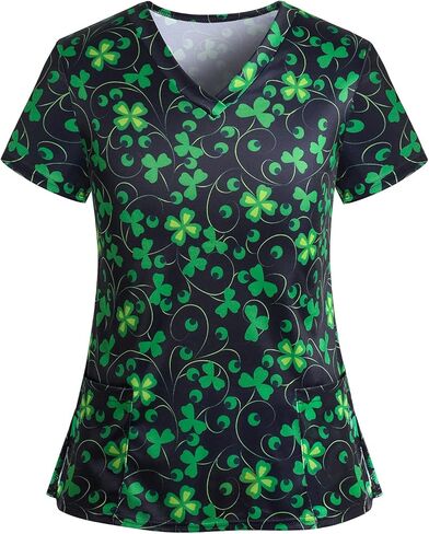 St. Patrick's Day Scrub Tops Women Cute V Neck Short Sleeve Green Shamrocks Printed Nurse Holiday Working Uniforms in Saudi Arabia