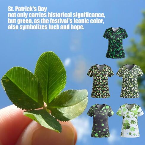 St. Patrick's Day Scrub Tops Women Cute V Neck Short Sleeve Green Shamrocks Printed Nurse Holiday Working Uniforms in Saudi Arabia