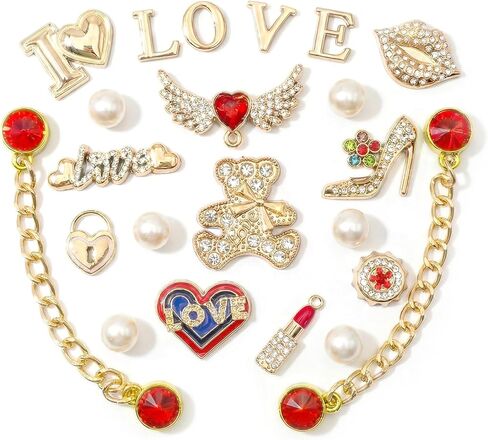 22Pcs Bling Rhinestones Pearls Shoe Charms with 2 Sparkling Shoe Chains, LOVE Queen Letter, Shoe Decorations Charms for Clog Sandals Women Girls Party DIY in Saudi Arabia