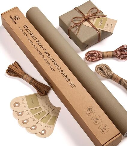 Vitalizart Textured Kraft Wrapping Paper Set 17" Roll with Twine Ribbons & Gift Tags Eco-Friendly Extra Thick All-in-One Kit for Christmas Gift Wrapping Birthday Baby Shower Wedding Handmade Crafts 197"(16.4 Ft) Beige Ribbon 15 Yard in Saudi Arabia