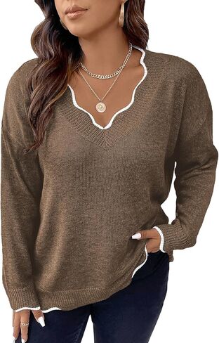 MakeMeChic Women's Plus Size Contrast Binding Sweater V Neck Scallop Trim Long Sleeve Knitted Tops in Kuwait
