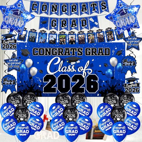 Graduation decorations class of 2025,graduation backdrop sign,Congrats grad banner,Hanging Swirls,Blue grad balloons for men women graduation party decorations（Blue） in Kuwait