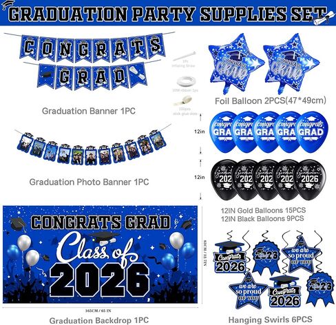 Graduation decorations class of 2025,graduation backdrop sign,Congrats grad banner,Hanging Swirls,Blue grad balloons for men women graduation party decorations（Blue） in Kuwait