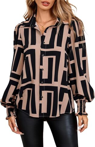 SweatyRocks Women's Graphic Print Long Lantern Sleeve Collar Neck Button Front Blouse Shirt Top in Kuwait