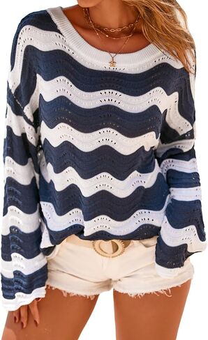 Arach&Cloz Women's Linen Blend Crochet Bell Sleeve Beach Vacation Striped Tops 2026 in Saudi Arabia
