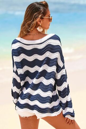 Arach&Cloz Women's Linen Blend Crochet Bell Sleeve Beach Vacation Striped Tops 2026 in Saudi Arabia