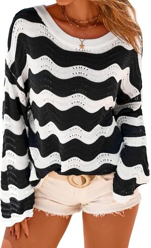 Arach&Cloz Women's Linen Blend Crochet Bell Sleeve Beach Vacation Striped Tops 2026 in Saudi Arabia