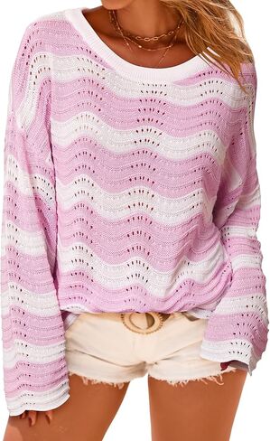 Arach&Cloz Women's Linen Blend Crochet Bell Sleeve Beach Vacation Striped Tops 2026 in Saudi Arabia