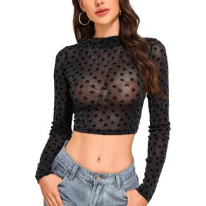 YYA Sheer Mesh Crop Top with Silver Glitter Cap Sleeve Party Top for Women Sexy Blouse S-XXL in Kuwait