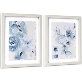 Artbyhannah مؤطرة الجدار الحمام ، فن الجدار الأزرق الفاتح مع تصميم الحافة الممزقة وطباعة الأزهار المائية الصور الفنية لزخارف غرفة نوم (2 عبوة ، 12x16 بوصة) in Kuwait