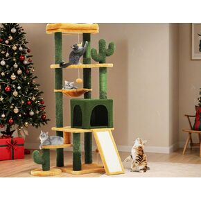 YITAHOME برج شجرة الصبار طويل القامة مع فرشاة العناية الذاتية، برج تسلق لطيف للقطط مقاس 60 بوصة للقطط الداخلية مع شقة للقطط، جثم علوي، سلة، أعمدة خدش السيزال ولوحة، كرات لعبة in Kuwait