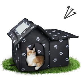 في الهواء الطلق Cat House مقاوم للطقس ، منزل قطة فرينية مقاومة للتسلية مع حصيرة وأبواب ، قطة وحشية دافئة مع ستارة الباب ، قابلة للطي ، سهلة التجميع معًا in Kuwait