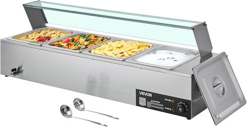 VEVOR Commercial Food Warmer, 1500W Electric Stainless Steel Steam Food Warmer with Glass Cover, 6 x 1/3 Size Pans Buffet Bain Marie with Soup & Perforated Ladles, for Catering, Restaurant & Party in Saudi Arabia
