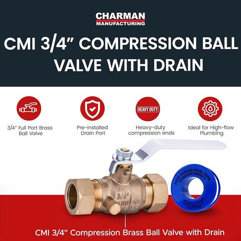 CMI Inc - صمام كروي نحاسي مضغوط مقاس 3/4 بوصة مع تصريف، منفذ كامل، صمام إغلاق عالي التحمل لخطوط المياه، تركيبات سباكة مضمنة مع ختم تفلون، 600 WOG، خالي من الرصاص، معتمد من CSA - عبوة واحدة in Kuwait