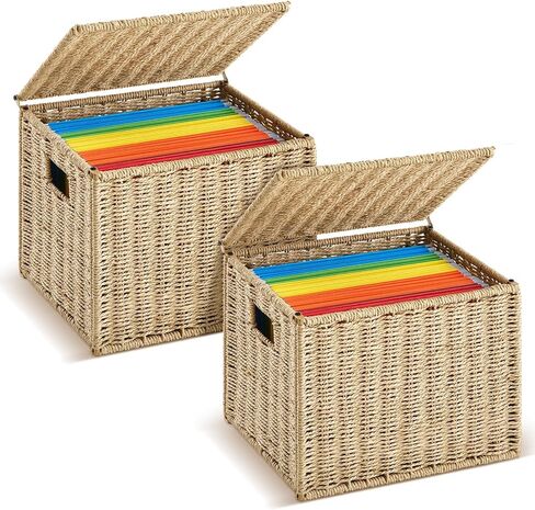 Paper Rope File Box Organizers Collapsible Letter Size Filing Cabinet with Lid Woven Hanging File Basket Portable Decorative Document File Storage Box for Office/Decor/Home (Letter Size) in Kuwait