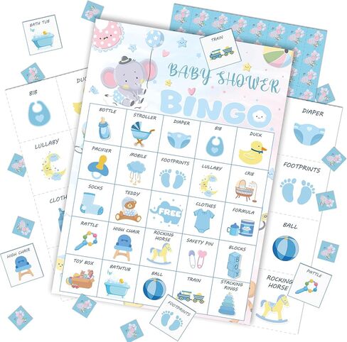 مجموعة بطاقات ألعاب Comfzybe Baby Shower Bingo للضيوف البالغين، لعبة البنغو لحفلة استحمام الطفل على شكل فيل أزرق وكشف الجنس عن لعبة البنغو للعائلة والأصدقاء وأنشطة المجموعة الكبيرة، تفضل لوازم الزينة in Kuwait