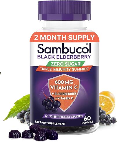 Sambucol Black Elderberry Zero Sugar Triple Immunity Gummies - Black Elderberry Vitamin C Immune Support Supplement, Gummy with Vitamin D for Adults and Kids - 60 Gummies (Pack of 1) in Kuwait